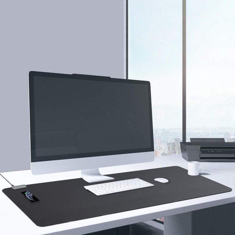 KINGFOM Multifunctional Office Desk Pad, Large Waterproof Pu Leather Mouse Pad, 2-in-1 Use Desk Writing Mat with Wireless Charging for Home/Office 35.4" x 16.7" (Black) - Image 3